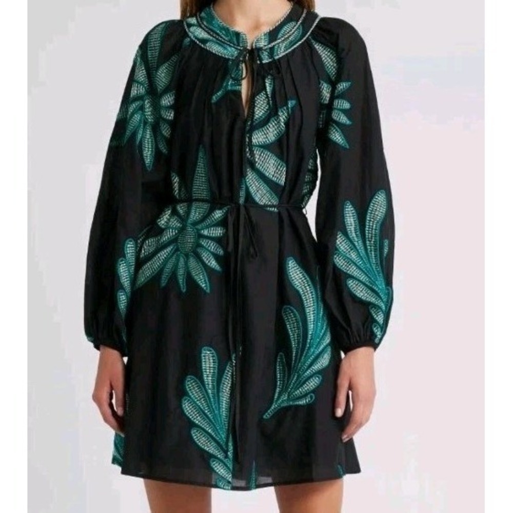 CIEBON Black Embroidered Mini Dress Bell Sleeves Size S Oversize Boho Peasant